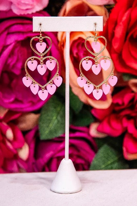 Drop Earrings for Festival Style -Pink/Gold Double Heart Dangle Earrings - EAR4454PK