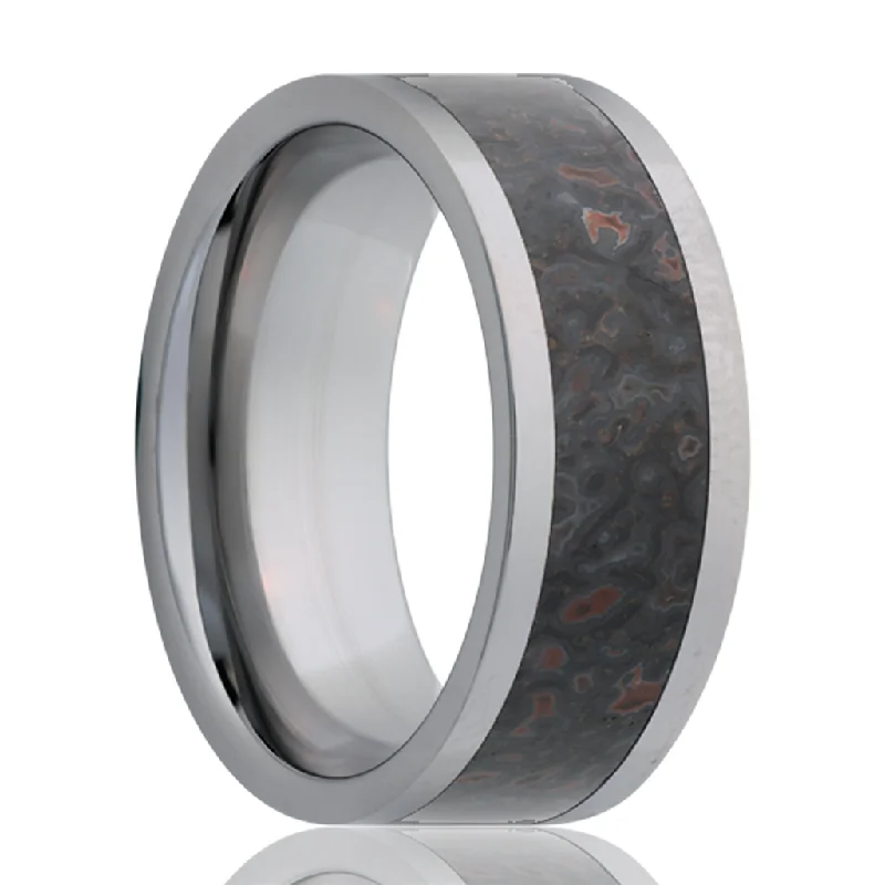 Platinum rings with sparkling sapphire center stones -Tungsten 8mm Pipe Cut Men's Wedding Band with Gray Dinosaur Bone Inlay