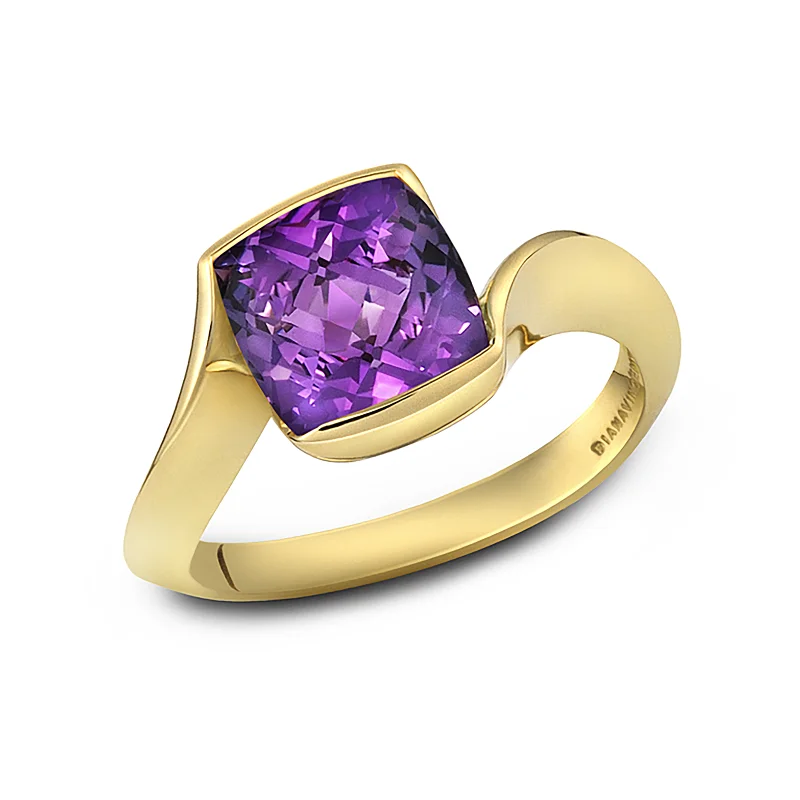 Rings with etched floral bands for detail -Contour Cushion Amethyst and Yellow Gold Ring