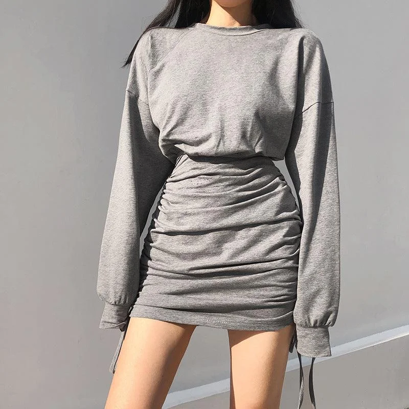 Modern Dresses for Trendy -Pleated drawstring long sleeve dress