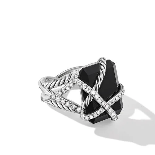 Rings with claw-set moonstone for mystique -Cable Wrap Ring in Sterling Silver with Black Onyx and Diamonds