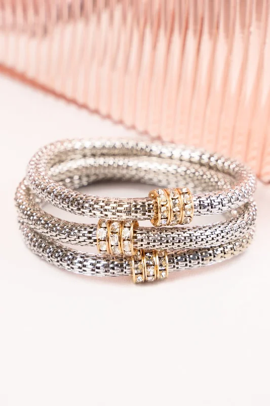 Bracelets with tiger eye for warm bands -Crystal Avenue Textured Weave Chain & Rhinestone Silvertone Bracelet Set