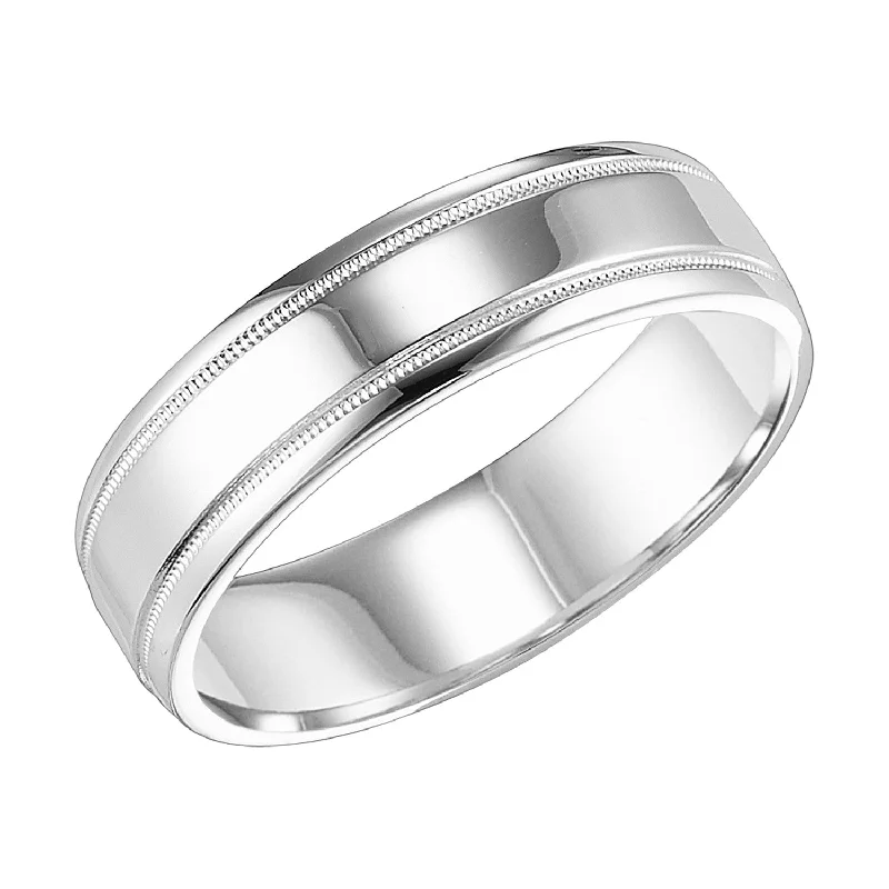 Rings with double bands for modern twist -6mm Comfort Fit 14K White Gold Wedding Band, Millgrain