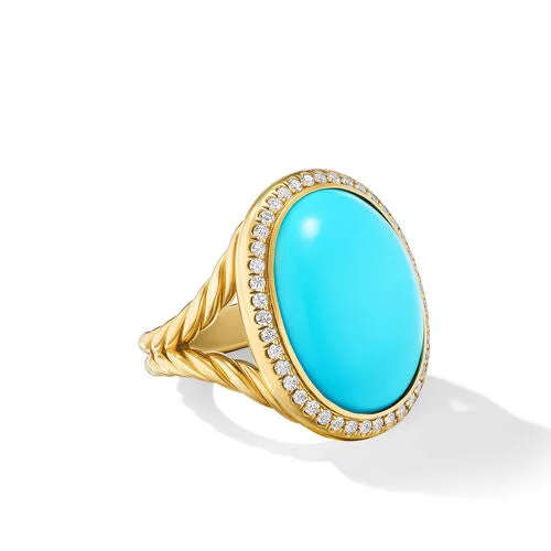 Rings with tiger eye bands for warmth -Albion Oval Ring in 18K Yellow Gold with Turquoise and Diamonds, 21mm