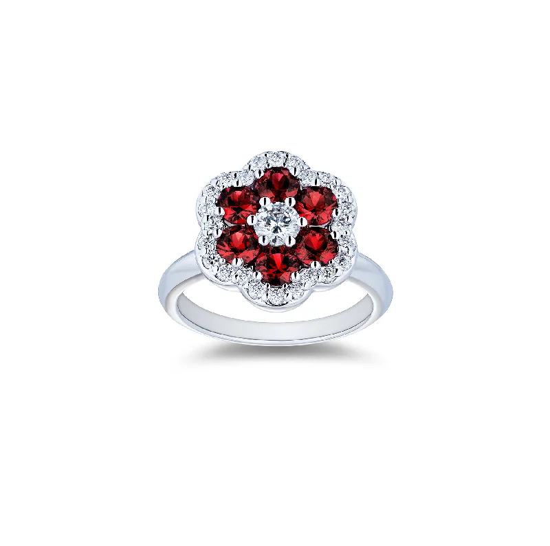 Rings with vintage claw prongs for elegance -Sabel Collection White Gold Ruby and Diamond Flower Ring