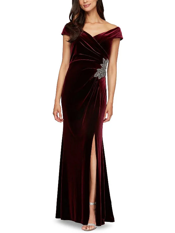 Low-waisted Dresses for Relaxed -Womens Velvet Off-The-Shoulder Evening Dress