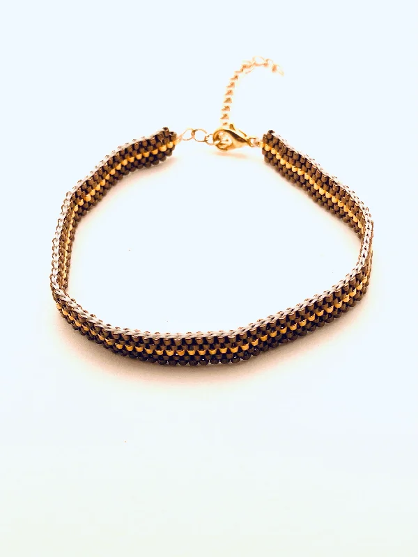 Bangles with gothic-inspired engravings for drama -Beaded Stripe Bracelet, Bronze and Gold