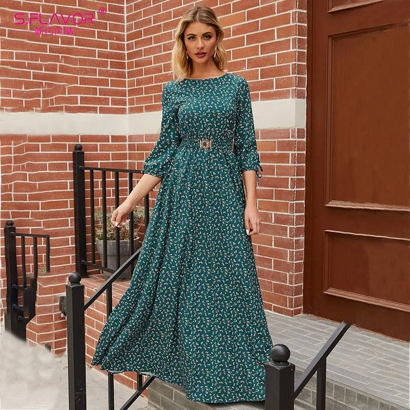 Nylon Dresses for Stretchable -Women's Three-Quarter Sleeves Floral Lace Up Slim Green Dress