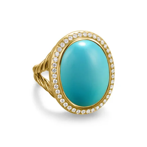 Rings with sunstone gems for fiery sparkle -Albion Oval Ring in 18K Yellow Gold with Turquoise and Diamonds, 21mm