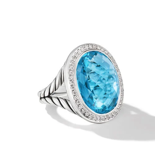 Rings with tiger eye bands for warmth -Albion Oval Ring in Sterling Silver with Blue Topaz and Diamonds, 21mm