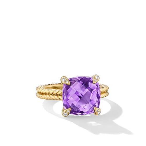 Rings with claw-set amethyst for security -Chatelaine Ring in 18K Yellow Gold with Amethyst and Diamonds, 11mm