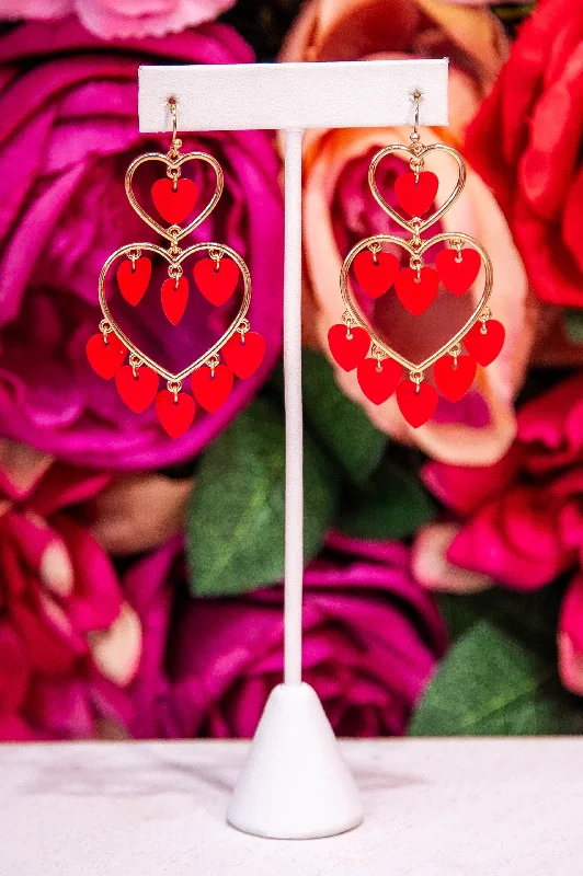 Drop Earrings for Formal Attire -Red/Gold Double Heart Dangle Earrings - EAR4455RD