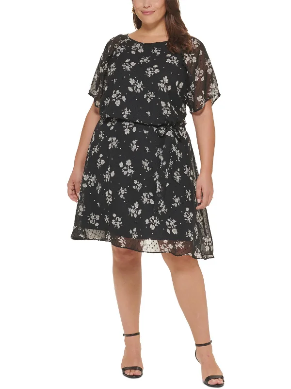 Cotton Dresses for Comfort -Plus Womens Chiffon Floral Fit & Flare Dress