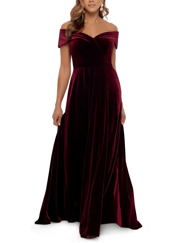 A-line Dresses for Flattering -Petites Womens Velvet Off-The-Shoulder Evening Dress