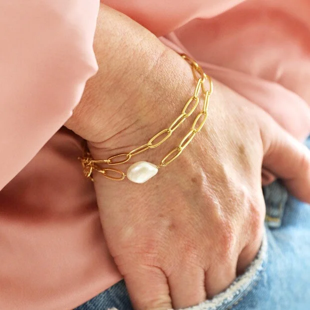 Bangles with interlocking links for uniqueness -Gold Cable Chain and Pearl Bracelet | Designed in the UK | 14K Gold Plated