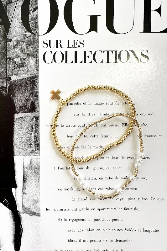 Bangles with herkimer diamonds for raw clarity -Mirah Gold Dipped Cross Charm Beaded Bracelet Set