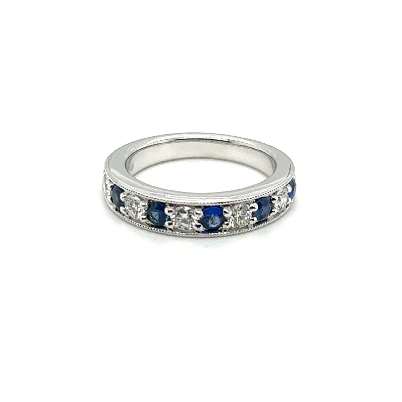 Dainty rings with subtle engraved star motifs -14K White Gold 1.16ctw Blue Sapphire & Diamond Alternating Wedding Band