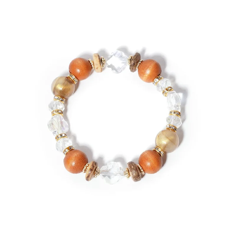 Bracelets with sleek topaz for icy shine -Bohemian Wood & Crystal Beaded Stretch Bracelet