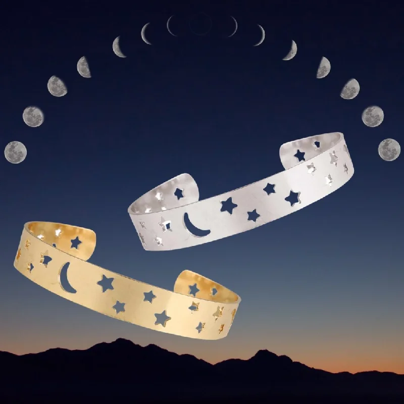 Bracelets with garnet stones for deep red -Heavens Above Moon And Stars Cuff Bracelet (Gold or Silver)