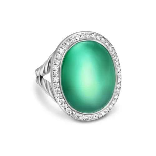 Rings with polished opal for iridescent beauty -Albion Oval Ring in Sterling Silver with Lagoon Orchid and Diamonds, 21mm