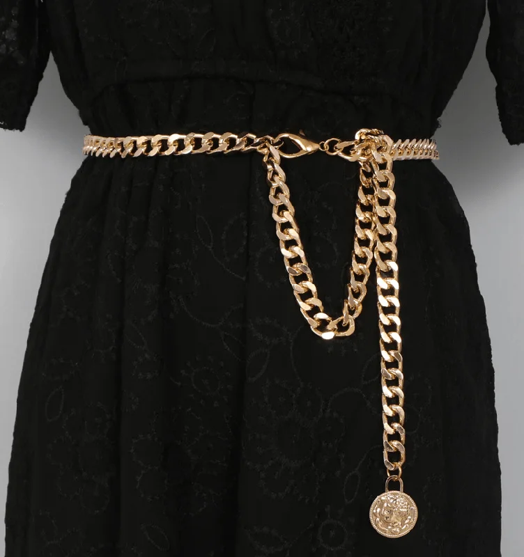 Cotton Dresses for Comfort -Simple Metal Belt Decorated Dress Sweater Chain