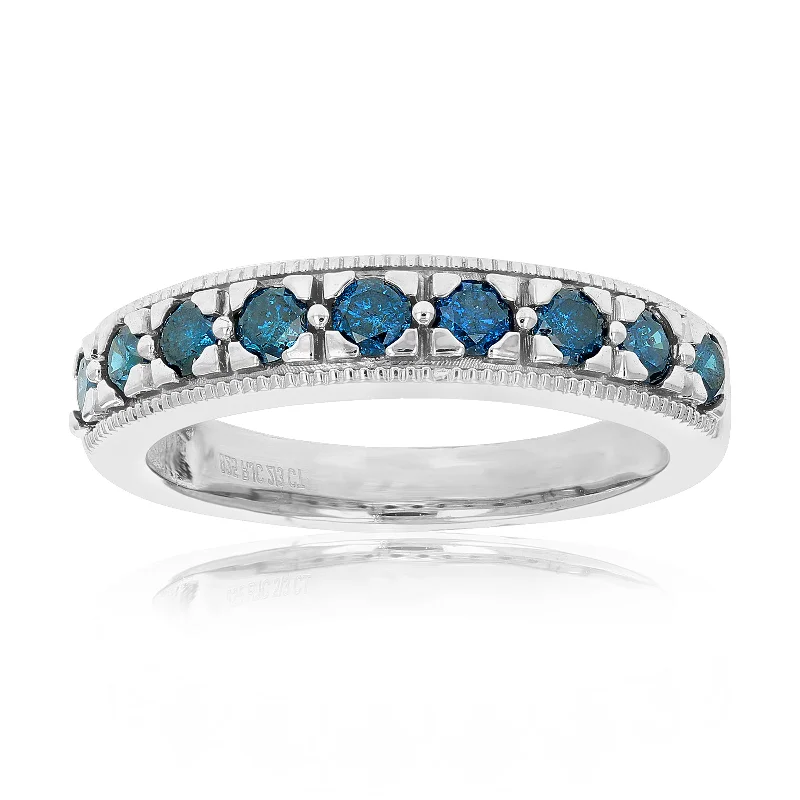 Rings with infinity loops for timeless love -2/3 cttw Blue Diamond Wedding Band .925 Sterling Silver Prong Set