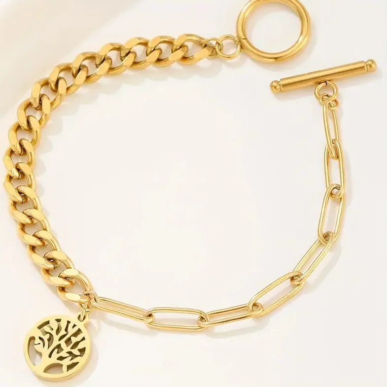 Bangles with twisted metal bands for flair -Mixed Chain Gold Bracelet with Tree of Life Charm