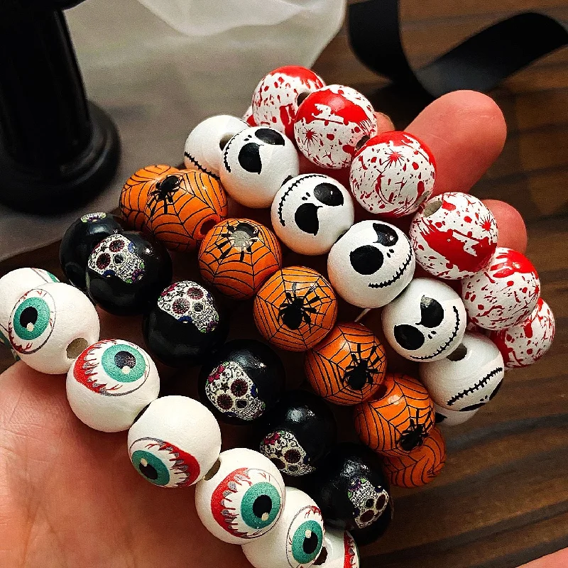 Bracelets with garnet stones for deep red -Wholesale Halloween Wooden Bead Pumpkin Spider Print Beaded Bracelet