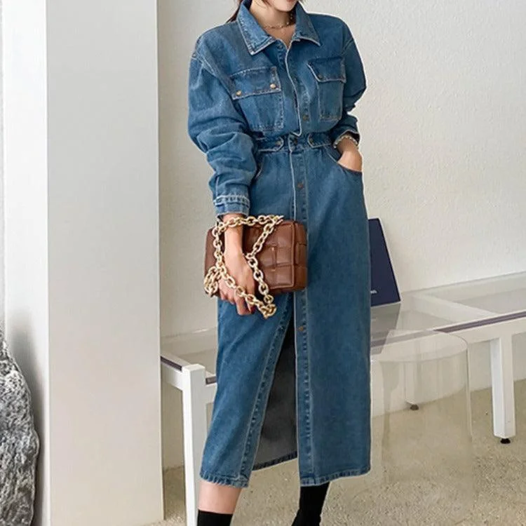 Office Dresses for Business -Korean style slim denim dress female waist single breasted