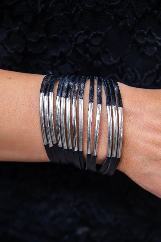 Rose gold bangles with geometric cutout designs -Black/Silver Faux Leather Multi-Row Cuff Bracelet - BRC3374BK