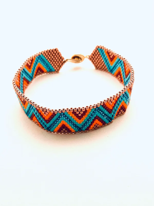 Bracelets with lotus motifs for spiritual vibe -Beaded Chevron Bracelet, Blue, Dark Blue, Copper