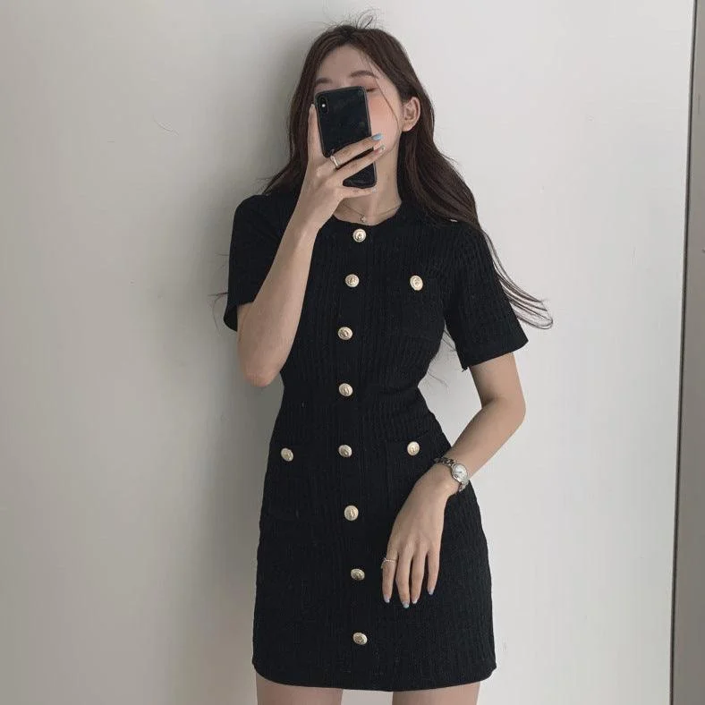 Anniversary Dresses for Special -Single row French sweet round neck slim knitted dress