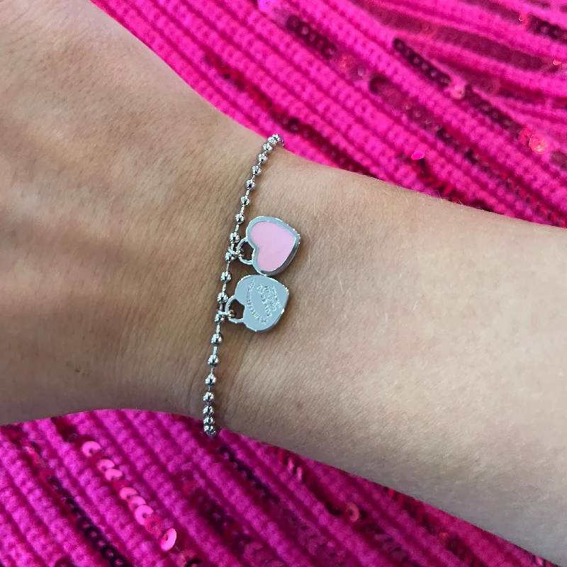 Bangles with sleek opal for iridescent charm -Heart Swell Silver & Pink Heart Charm Bracelet