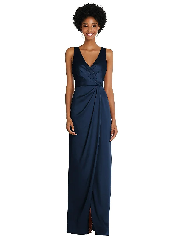 Resort Dresses for Vacation -Faux Wrap Whisper Satin Maxi Dress with Draped Tulip Skirt