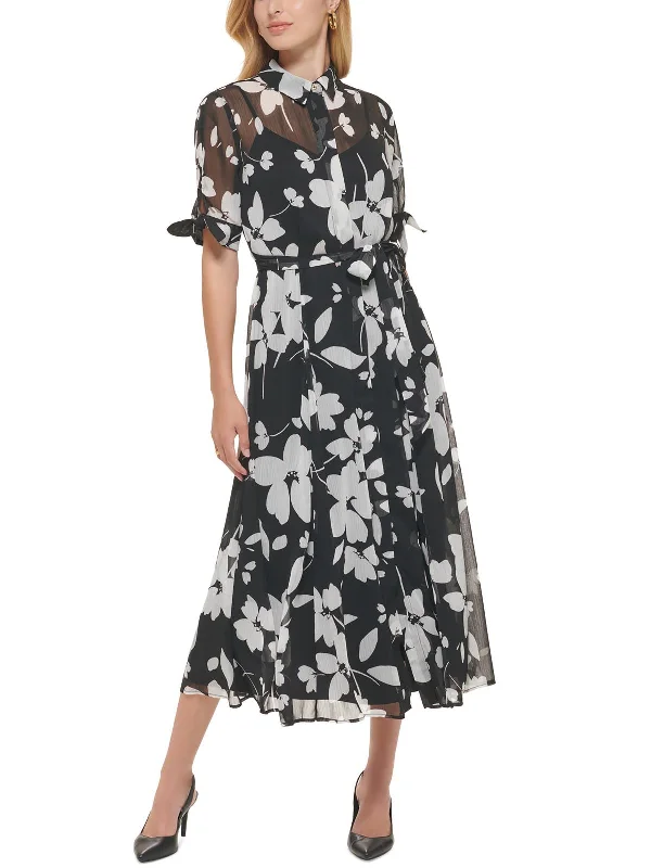 Shift Dresses for Simple Look -Petites Womens Floral Print Chiffon Shirtdress