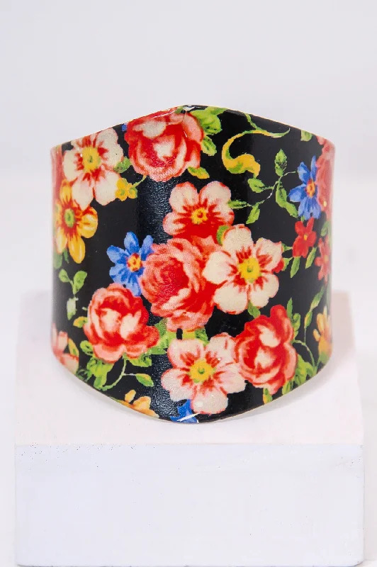 Vintage bangles with intricate filigree metalwork -Black/Multi Color Floral Cuff Bracelet - BRC3398BK