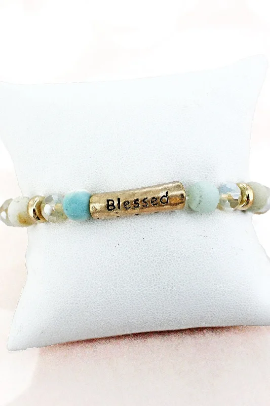 Bracelets with turquoise beads for boho vibes -Crystal Avenue Goldtone 'Blessed' Mint Semi-Precious and Glass Bracelet