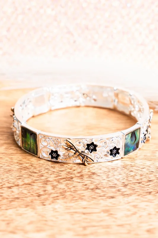 Bangles with aventurine gems for green luck -Garden Party Dragonfly Two-Tone And Abalone Bracelet