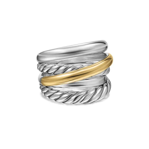 Dainty rings with subtle engraved star motifs -Crossover Five Row Ring in Sterling Silver with 14K Yellow Gold, 17.5mm, Size 7