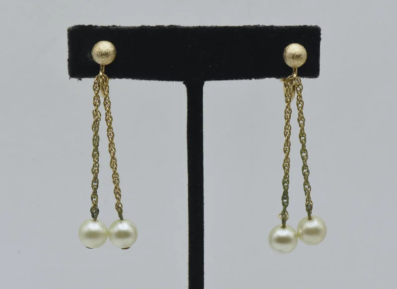 Best hoop earrings with satin ribbons for a soft, feminine appearance-Napier - Vintage Faux Pearl and Gold Tone Clip On Dangle Earrings