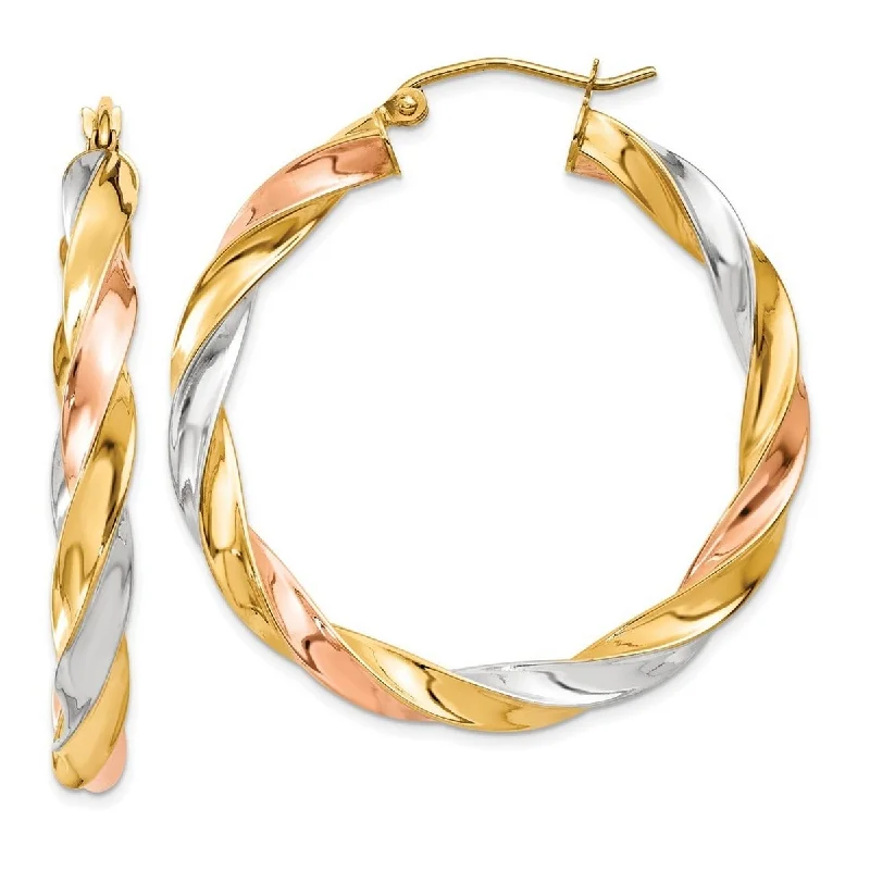 Hoop earrings with infinity loop designs for a continuous and eternal shape-Curata 14k Tricolor Gold Light Twisted Hoop Earrings - 4x36mm