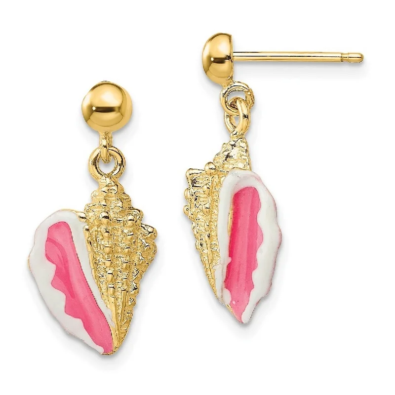 Best hoop earrings with smooth ceramic finishes for a polished, clean style-Curata 14k Yellow Gold Enamel Conch Shell Long Drop Dangle Earrings Pink and White