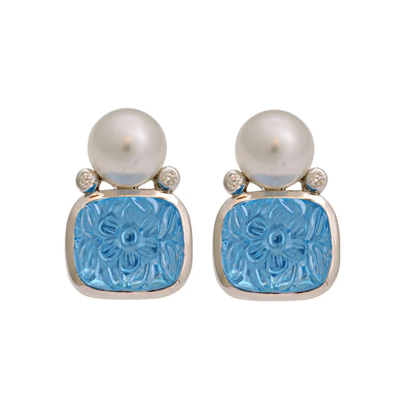 Hoop earrings with oversized pearl accents for a statement-making look-Earrings-Blue Topaz, South Sea Pearl and Diamond