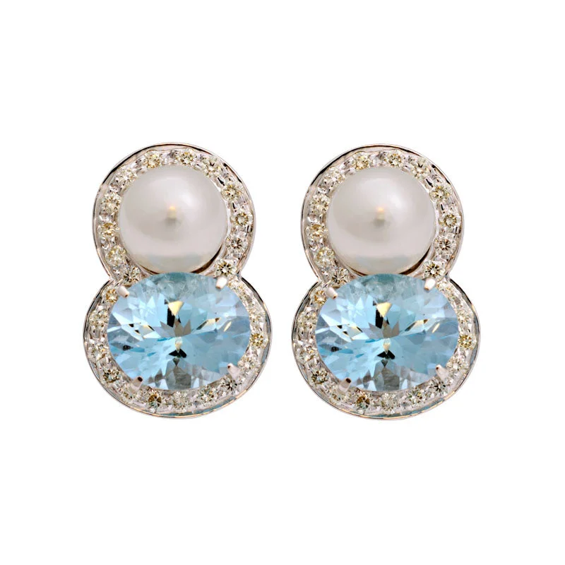 Best hoop earrings with satin ribbons for a soft, feminine appearance-Earrings-Blue Topaz, South Sea Pearl and Diamond