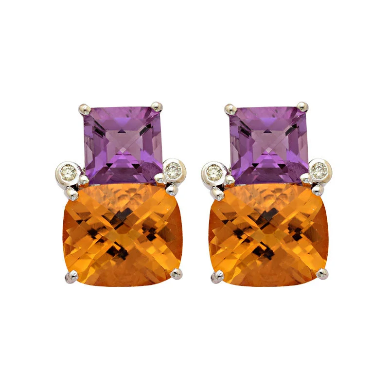 Hoop earrings with polished silver finish for a shiny, modern appeal-Earrings-Citrine, Amethyst and Diamond