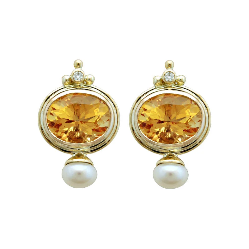 Hoop earrings with artistic filigree designs for an intricate, delicate finish-Earrings-Citrine, Pearl and Diamond