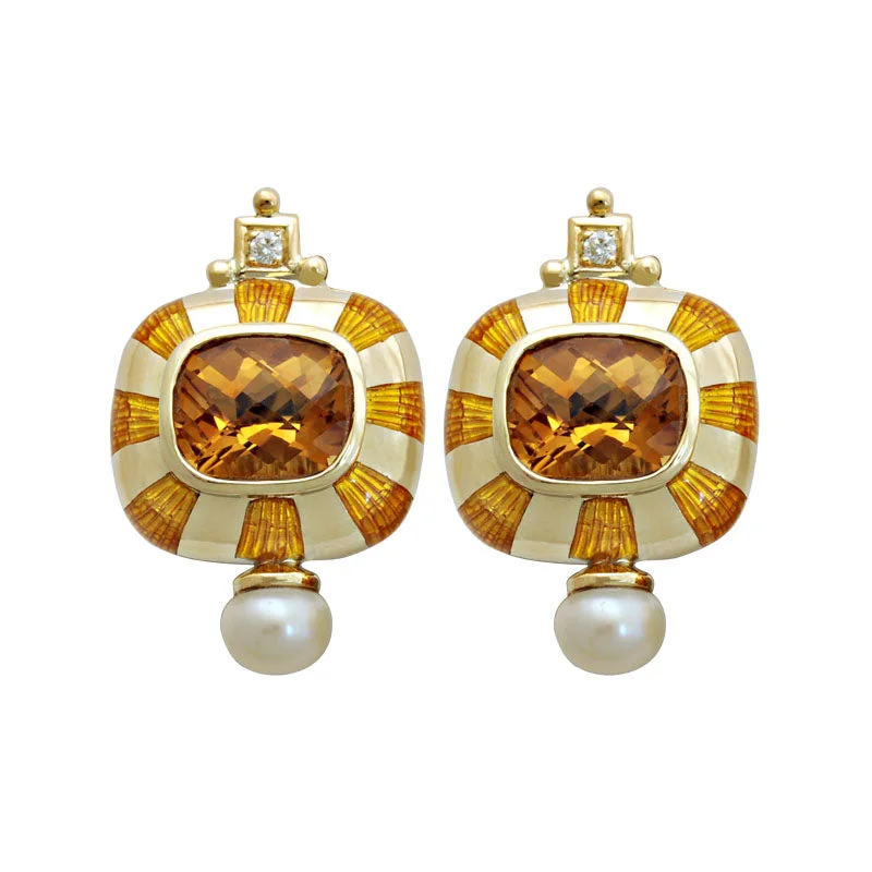 Hoop earrings with multi-tone finishes for a colorful and layered effect-Earrings-Citrine, Pearl and Diamond (Enamel)