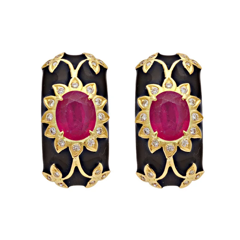 Hoop earrings with diamond-cut surfaces for added sparkle and shine-Earrings-Glass Filled Ruby and Diamond (Enamel)