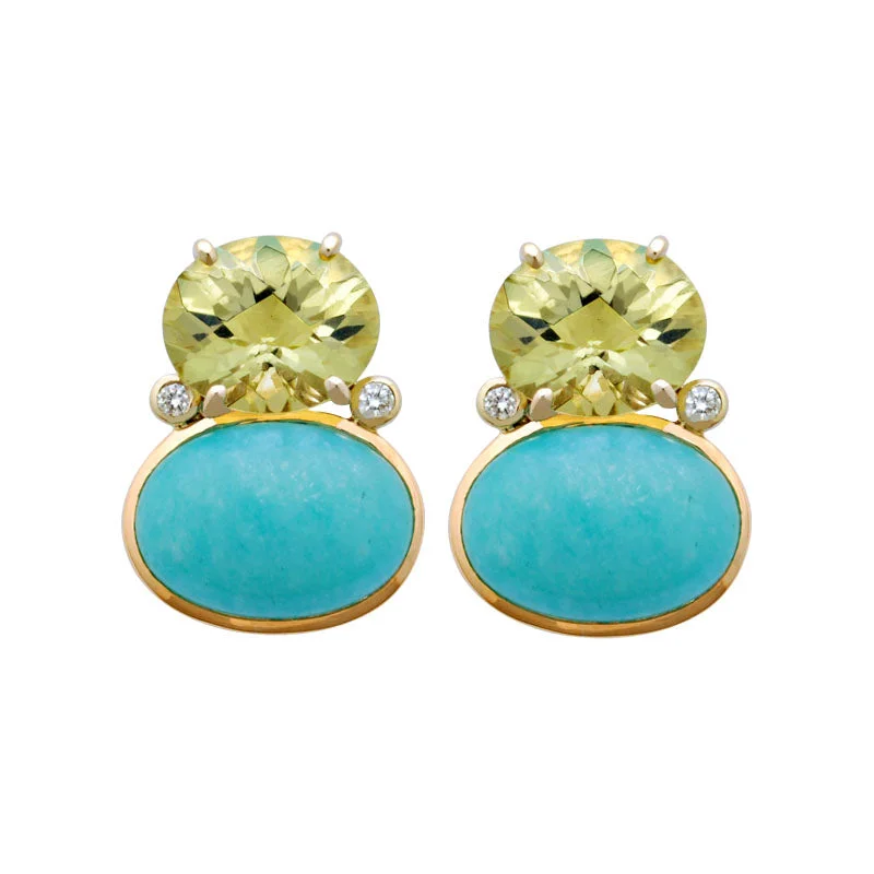 Hoop earrings with colorful beads for a fun and playful vibe-Earrings-Lemon Quartz, Amazonite and Diamond