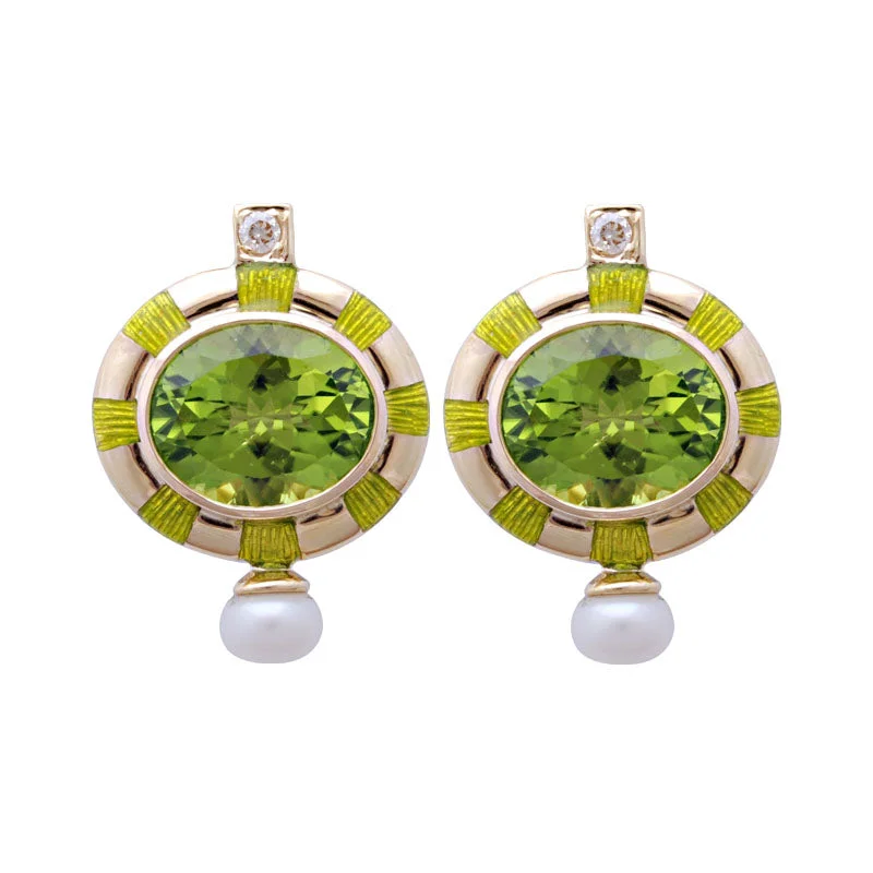 Hoop earrings with abstract wirework for an artistic, unique look-Earrings-Peridot, Pearl and Diamond (Enamel)